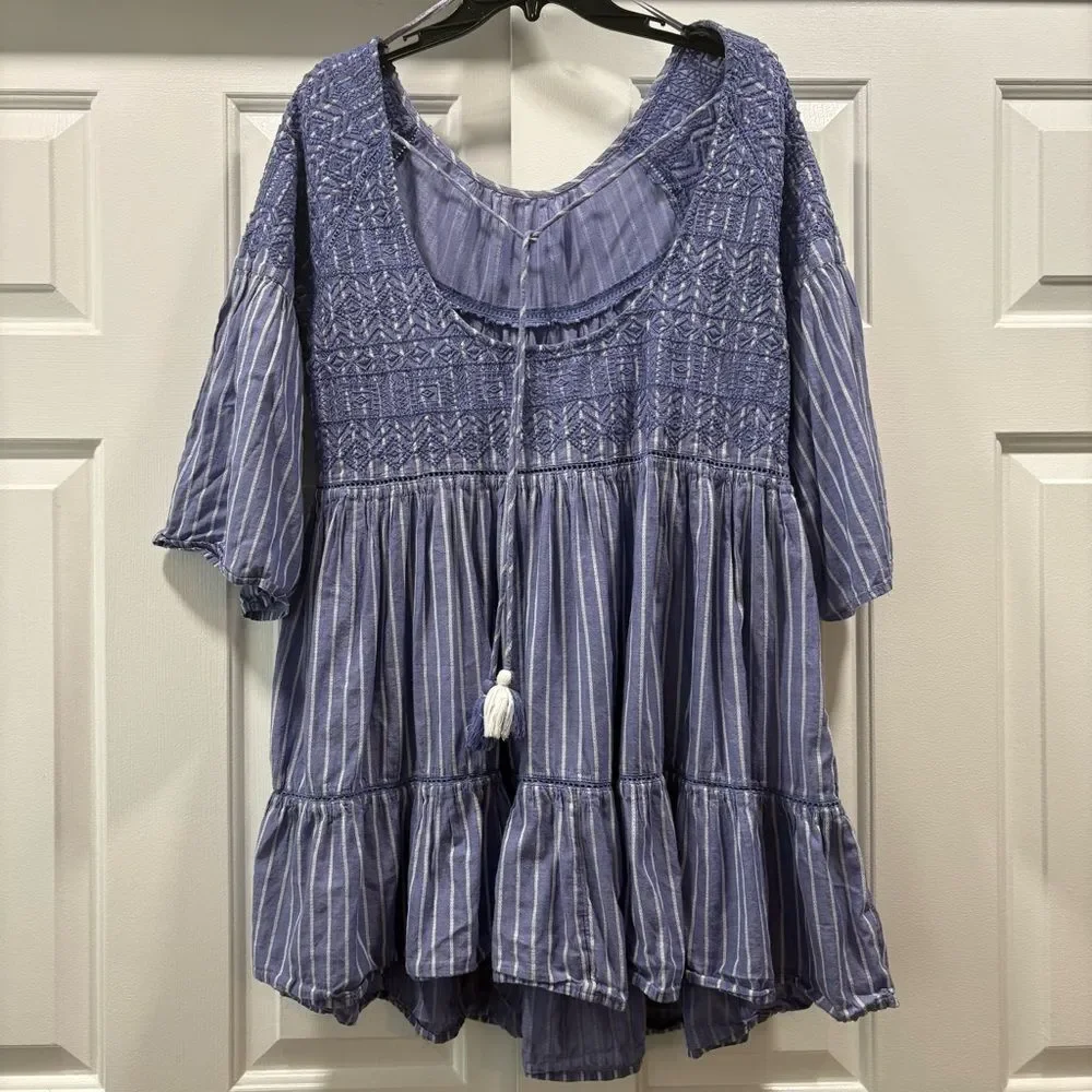 Free People Blue Lola Embroidered Ruffle Striped Mini Dress Size M